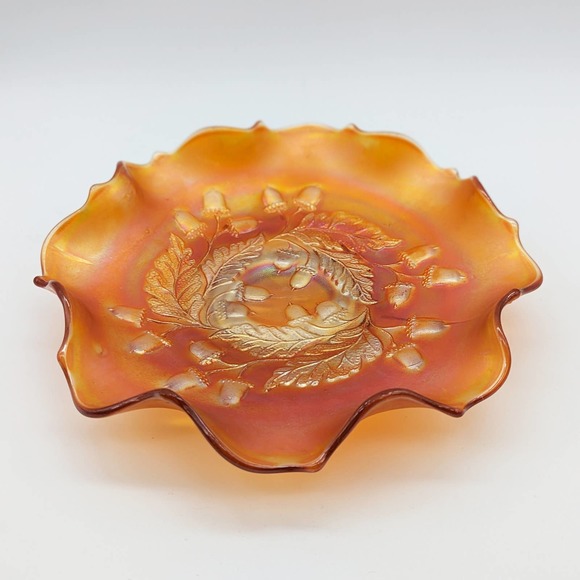 1920s Fenton Acorn Marigold Carnival Glass Footed Bowl w Crimped Rim Pattern 834 - Picture 6 of 12